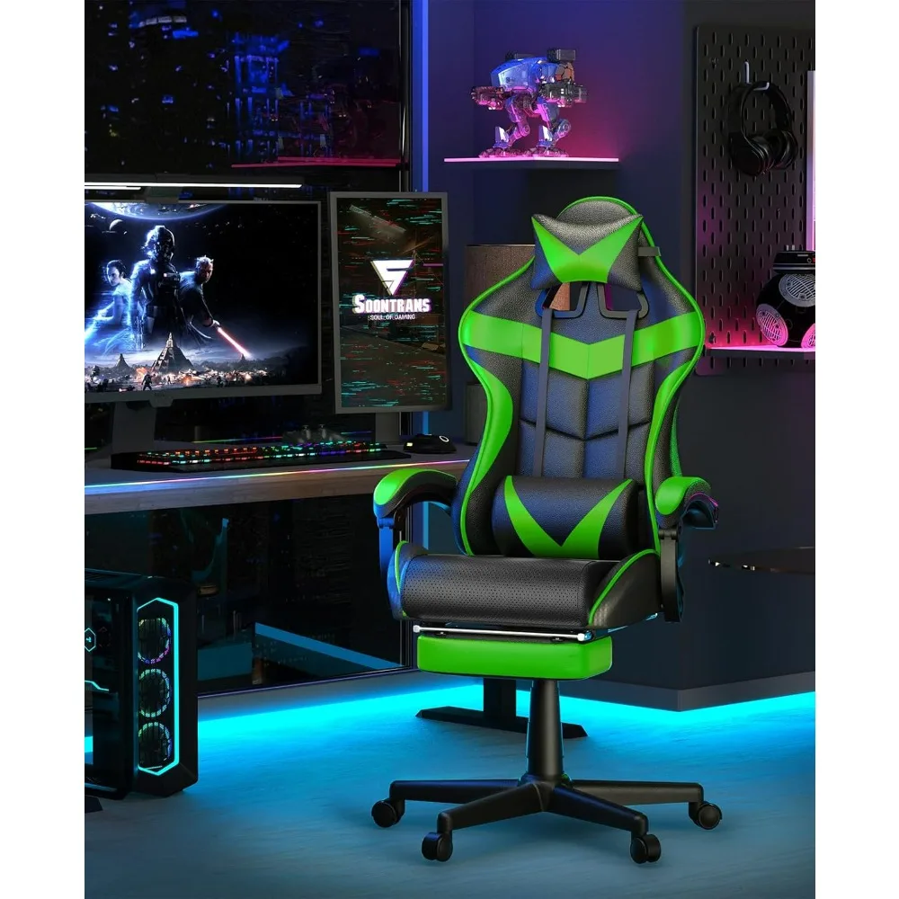 Green Gaming Chair with Footrest,Racing Gaming Chair,Computer Gamer Chair,Ergonomic Game Chair with Adjustable Headrest