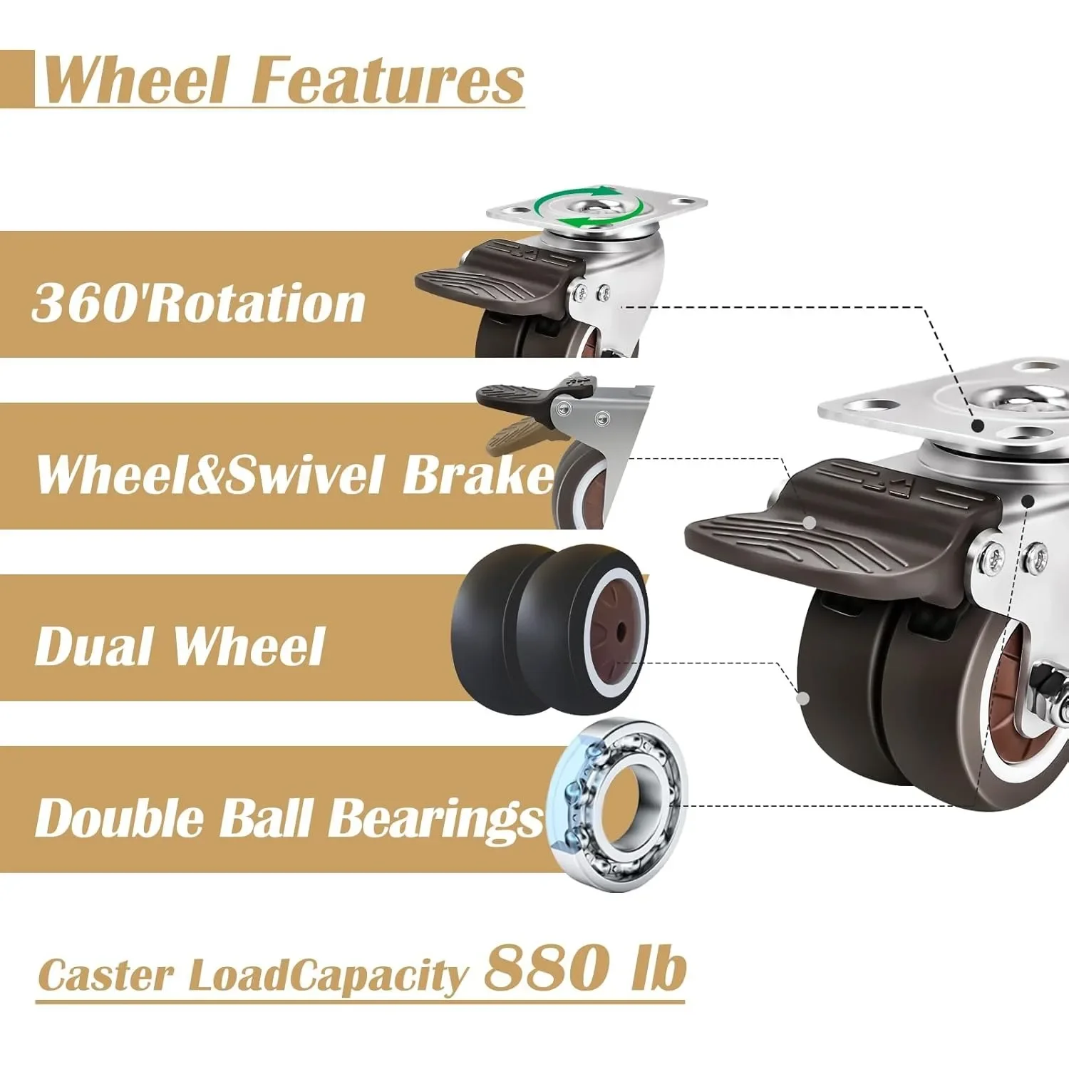 2-inch TPR double wheel furniture Office chair flat bottom universal wheel with brake mute industrial bearing reinforcement