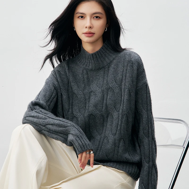 

Autumn and Winter Women's Sweater 100% Pure Wool Casual Pullover Solid Color Knitted Half High Collar Sweater Loose Soft Top