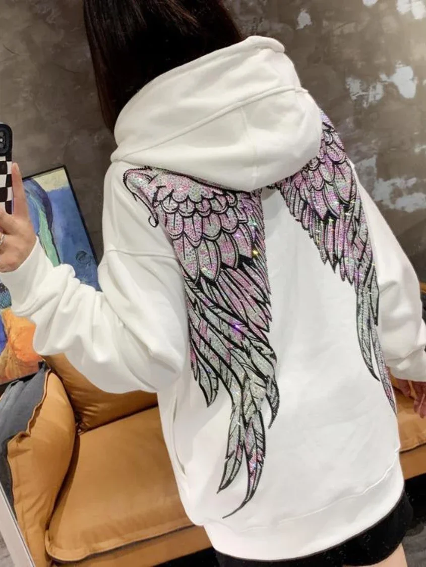 Autumn New White Hooded Sweatshirts Women\'s Bear Hot Rhinestone Full Diamond Fashion Brand Big Wings Casual Long Sleeve Hoody