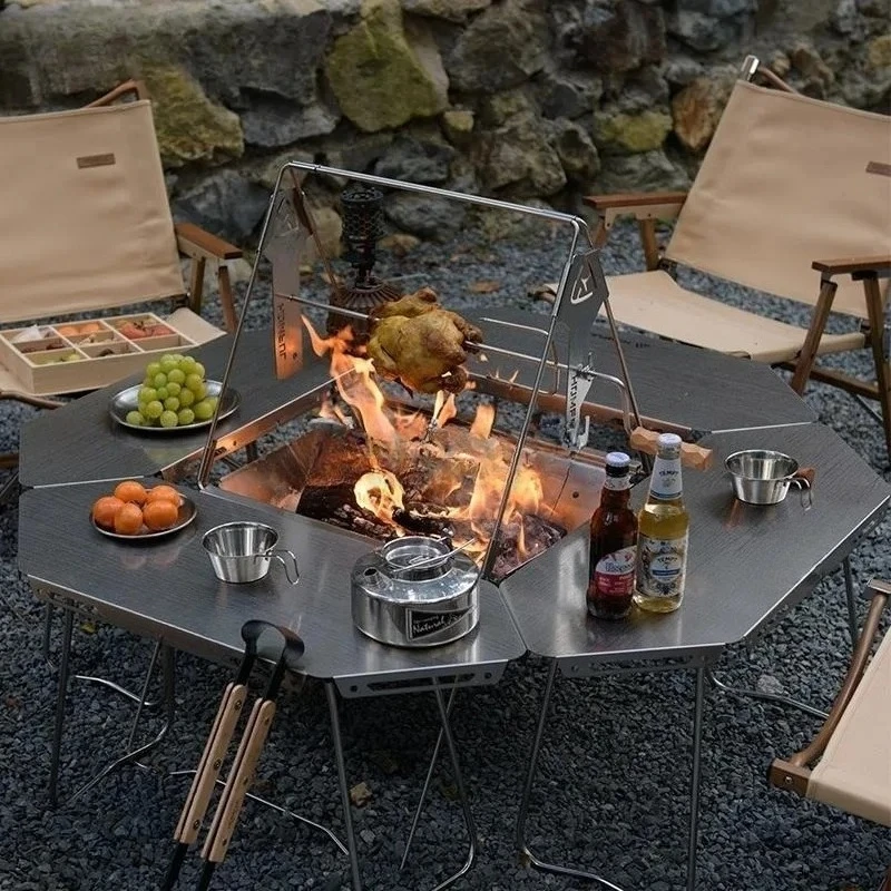 Outdoor BBQ Table  Stainless Steel Foldable Stove Making Tea Igt Camping Table  Campfire Heating Octagonal Table  Multi-function