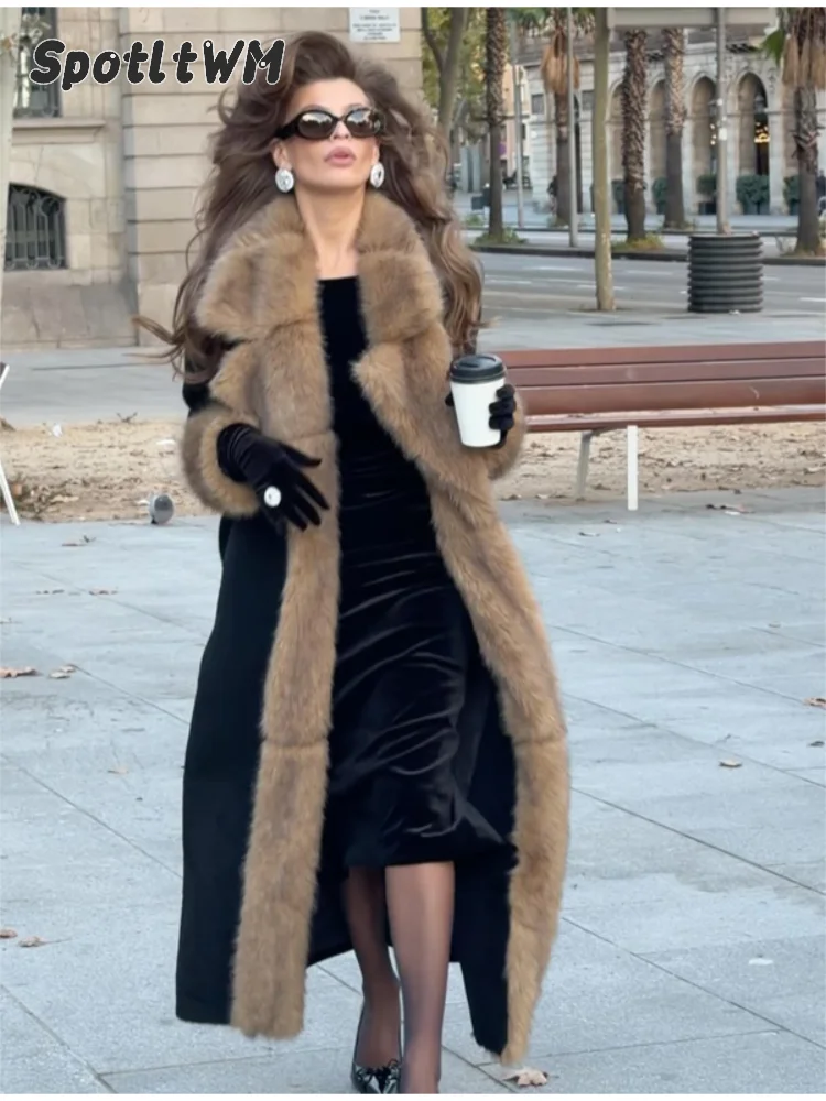 Women's Faux Fur Trim Long Woolen Jacket Belted Lapel Full Sleeve Warm Outerwear 2026 Daily Winter Commute Streetwear Coats