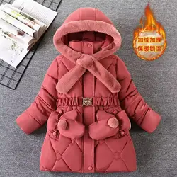2025 Winter Girls Jacket Warm Windproof Outerwear Hooded Zipper Fur Collar Princess Coat 5 6 7 8 9 10 10 12 Years Kids Clothes