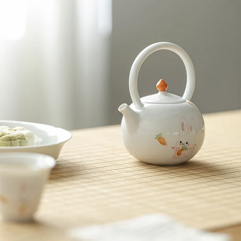 Japanese Hand-painted Moe Rabbit Teapot Lifting Pot Household White Porcelain Bubble Teapot Ball Hole Filter Kung Fu Tea Set