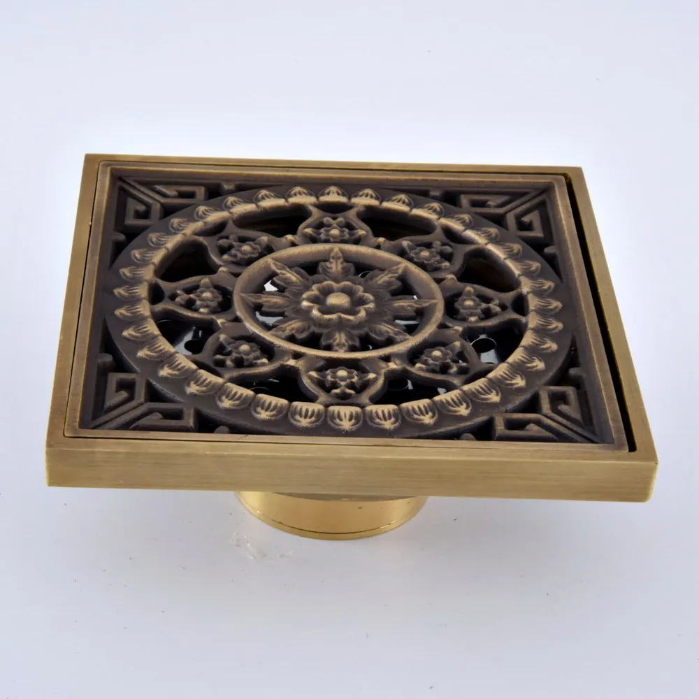 Antique Brass Carved Flower Pattern Bathroom Shower Drain 4