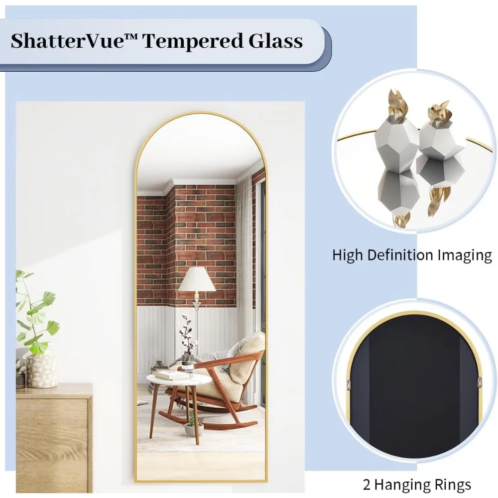 Espelho de chão arqueado de comprimento total com suporte para quarto, vestiário, suspensão de parede ou inclinada, espelho de corpo grande