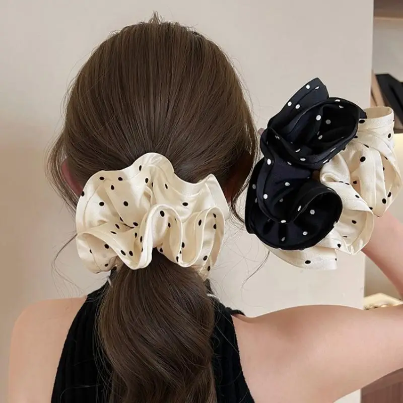 

Корейская черно-белая повязка на голову в горошек для женщин, изысканная высокоэластичная большая веревка для волос, модные аксессуары для волос, резинки для волос