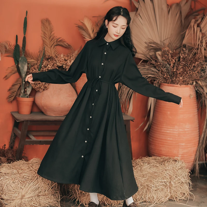 

Preppy Style Long Dresses Women New Loose Casual Basics Polo-neck Shirt Sleeve Vintage Solid Single Breasted A-line Dress