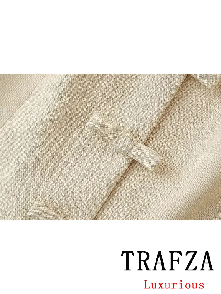 TRAFZA-Terno de escritório monocromático feminino, arco vintage, colete com decote em v, zíper reto, calças soltas, moda nova, moda de verão, 2022