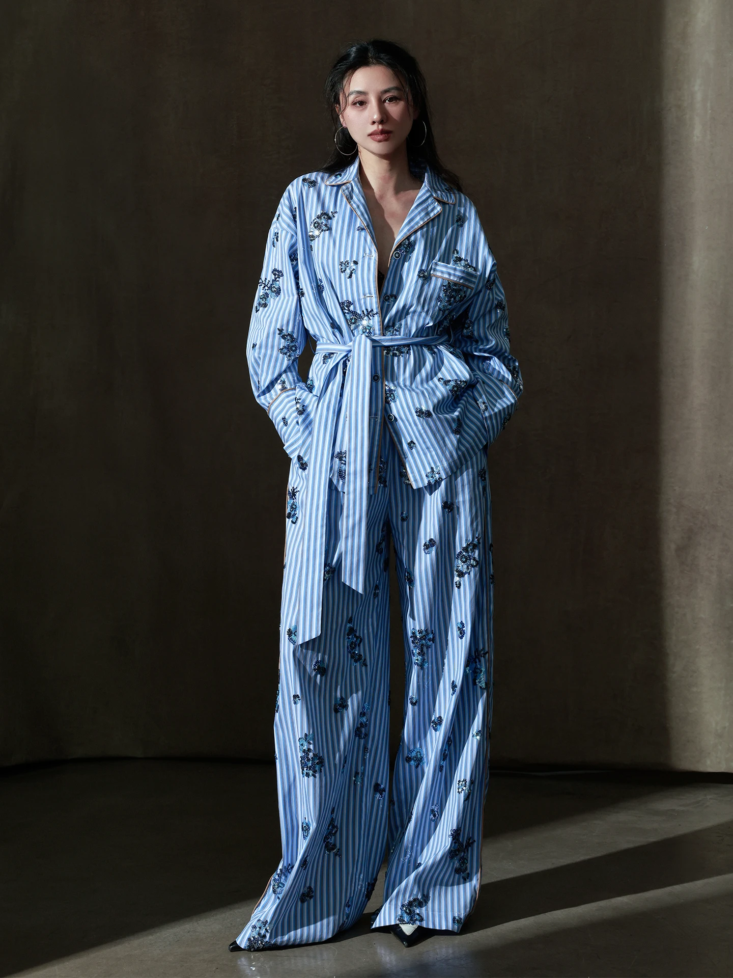 

Loose Fit Striped Shirt And Wide Leg Pants Blue Set Embroidered Slouchy Versatile Four Season Clothing Breathable Casual Wear