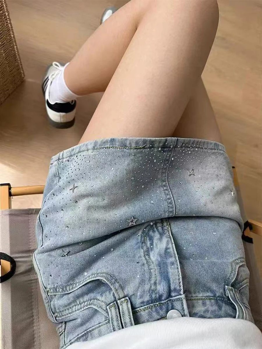 

plus Size High Waist Denim Skirt Women's Summer Slim Fit A-Line Short Skirt Pants Glittering Casual Breathable Skin-Frie...