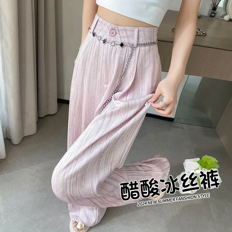 Primavera y otoño 2025, traje caído de cintura alta con estampado de pintura de tinta de pierna ancha de satén de acetato para mujer, pantalones casuales de moda