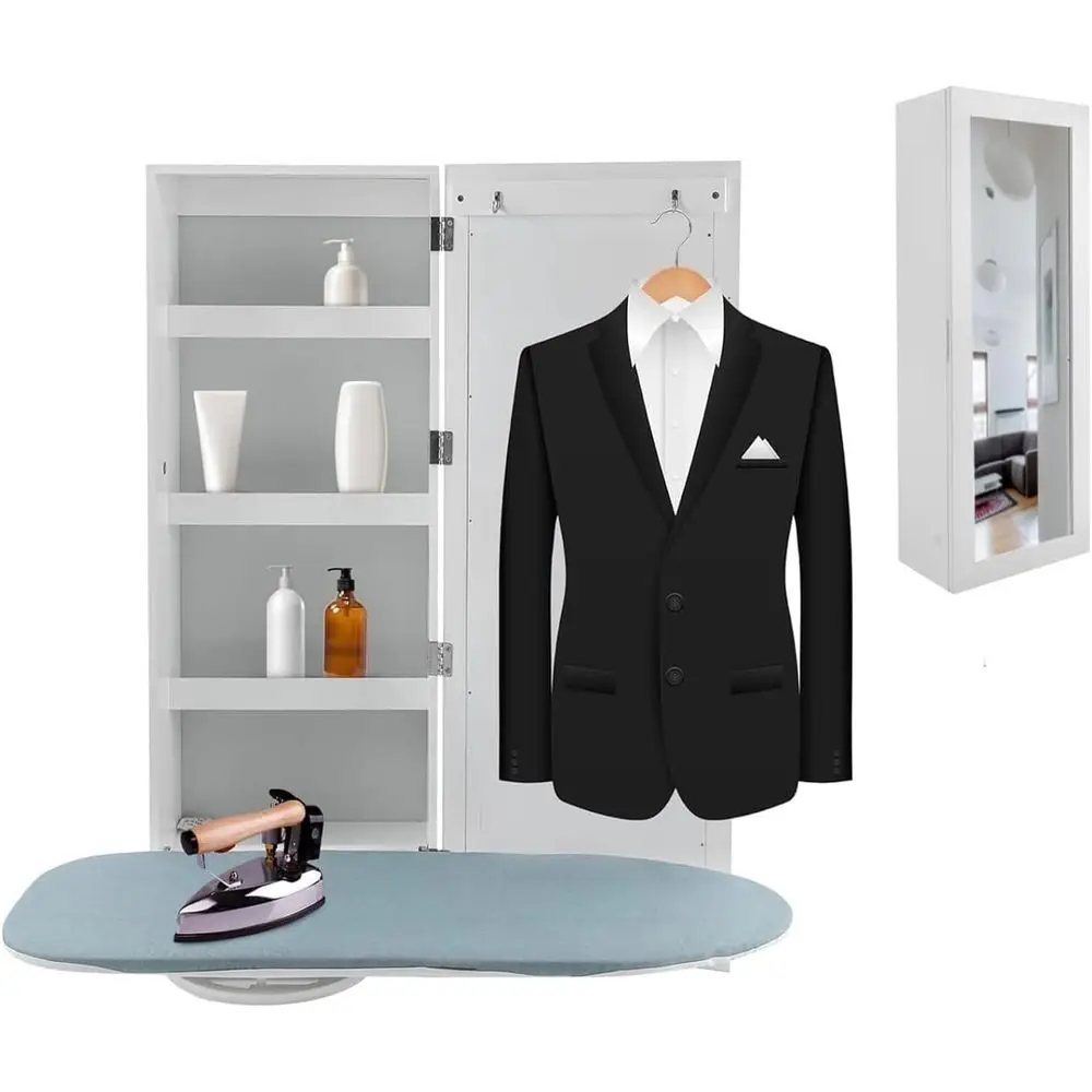 

Держатель для гладильной доски со встроенным зеркалом 180° ° Шкаф-гладильная доска с поворотным механизмом и местом для хранения, 14.18x7.09x43.3