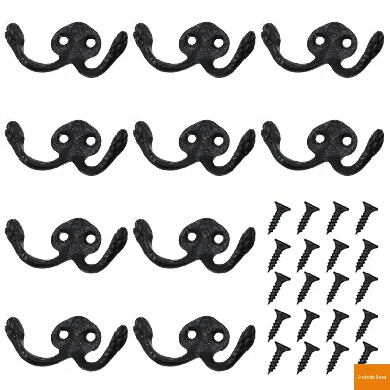 10 Units Alloy Coat Hook Bedroom Vintage Clothes Hanger Retro Room Door Wall Decoration Double Robe Hooks Brass Hook with Screws