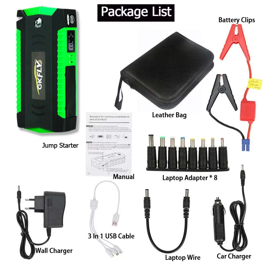 GKFLY Car Jump Starter 1500A 12V 18000mAh High Power Bank Lithium Polymer Battery Starting Device Booster Starter with Cables