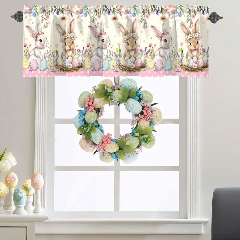 VIKAMA Easter Curtain Panels Rabbit Easter Egg Floral Kitchen Living Room Bedroom Short Curtains Festive Home Decor