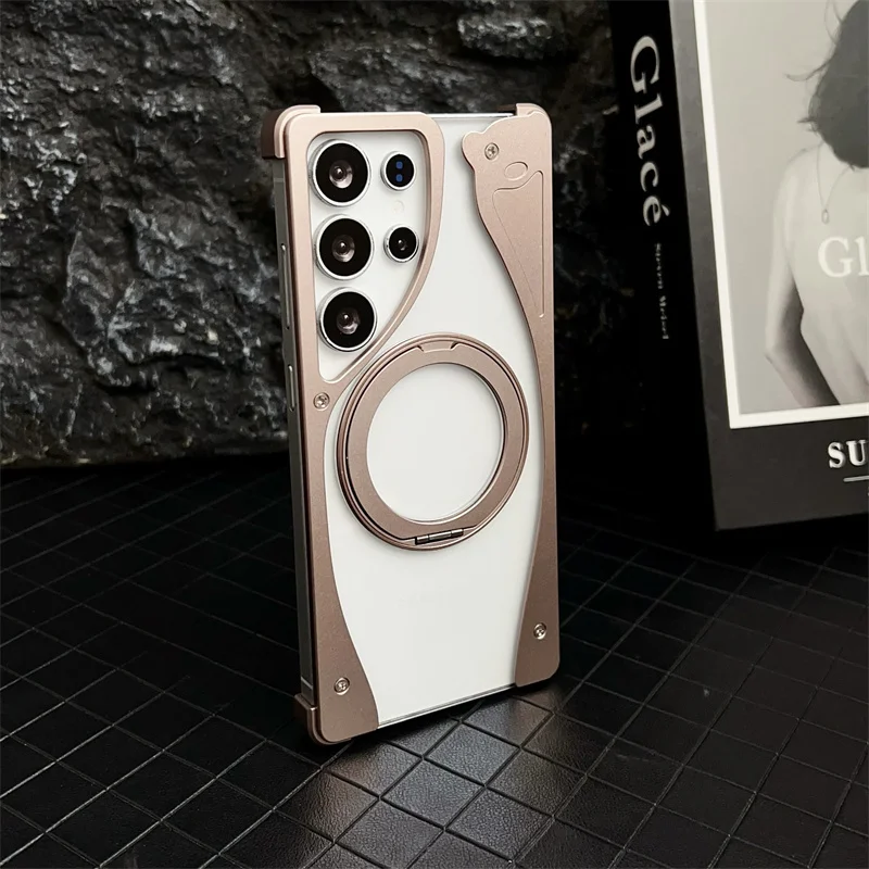Luxury Metal Transparent Magnetic Bracket Phone Case For Samsung Galaxy S25 S24 S23Ultra borderless Protection for Magsafe Cover