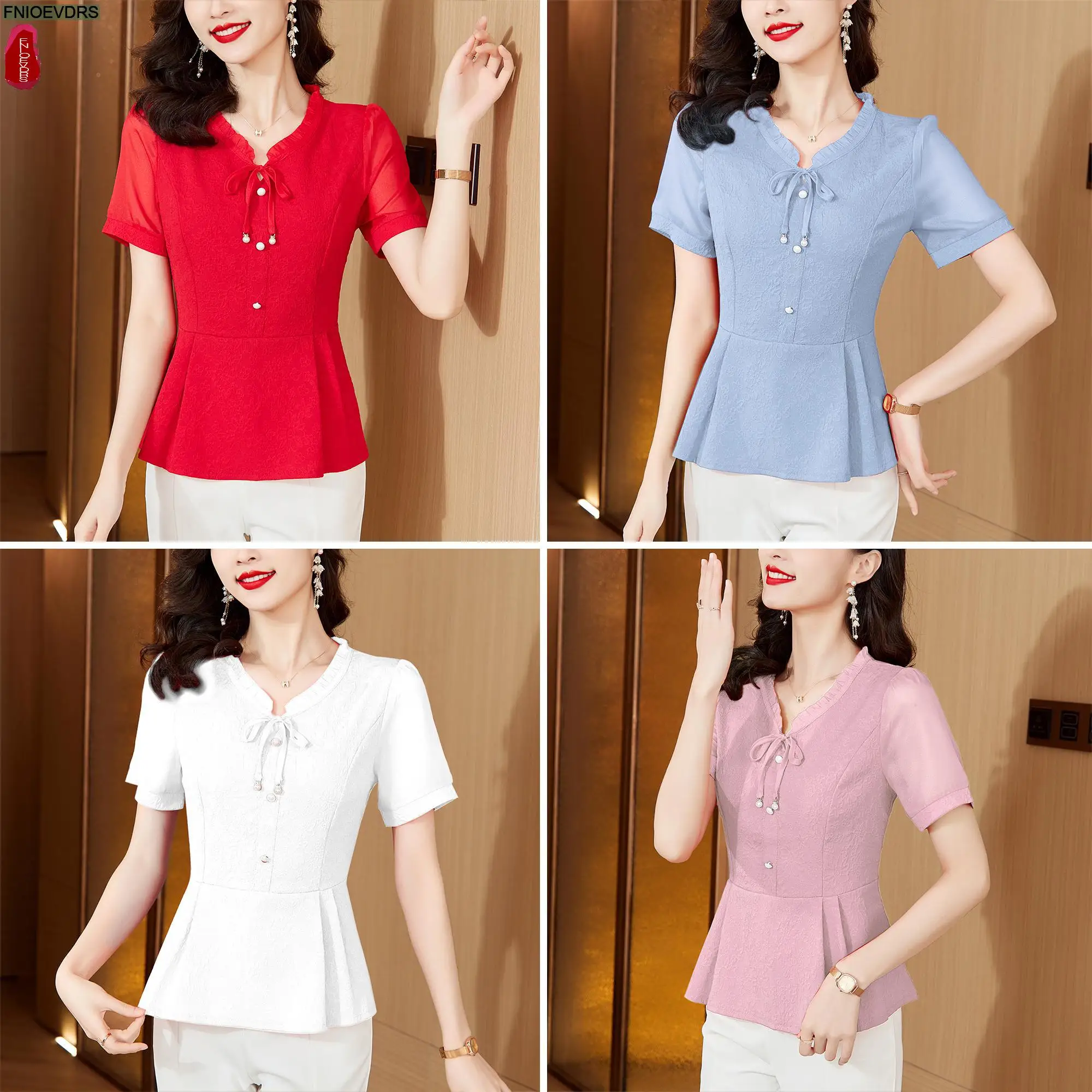 M-5XL Fashion 2024 Women Summer Short Sleeve Elegant Ruffles Shirts Casual Retro Bow Tie Tunic Peplum Tops And Blouses