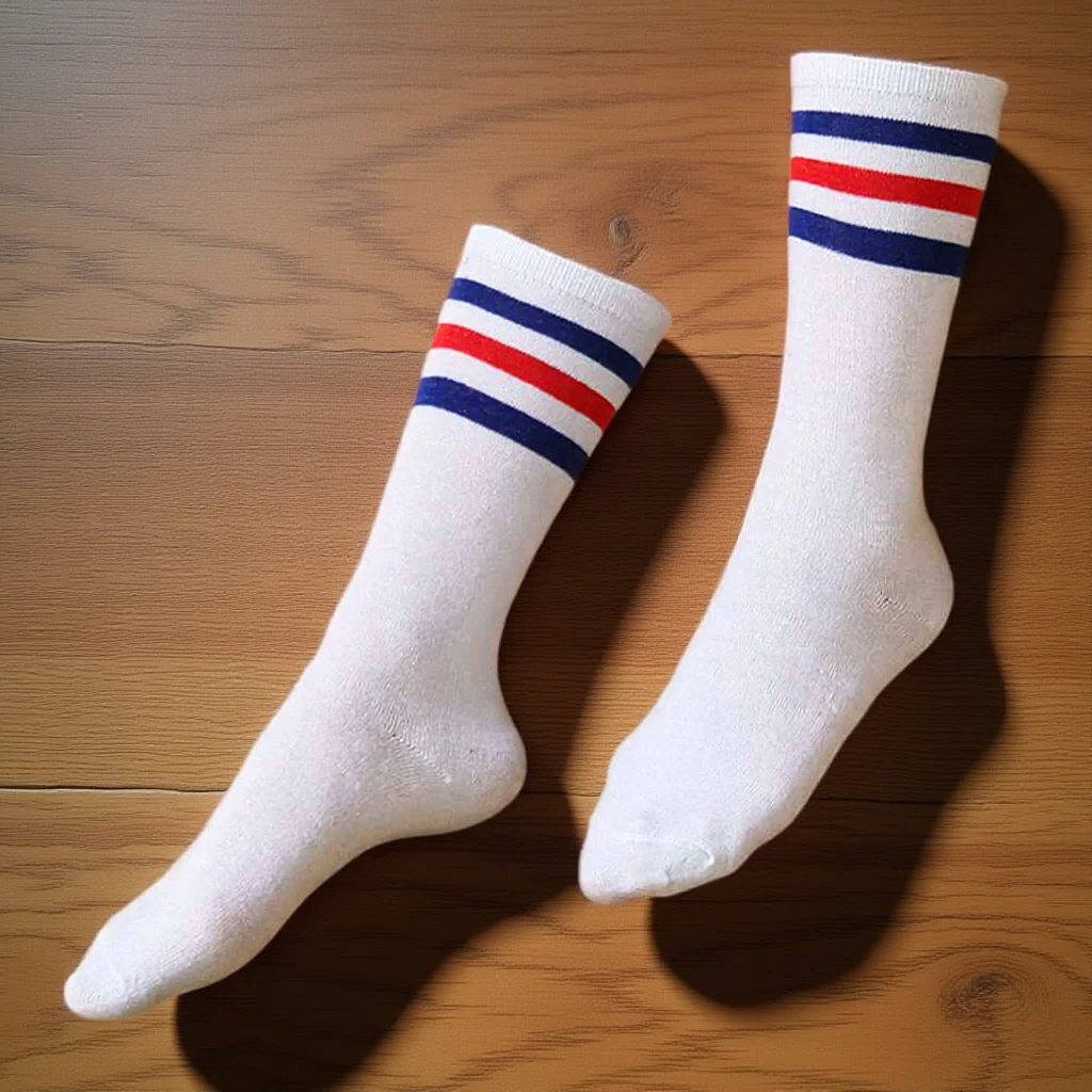 

Long Socks Pair Men's Knee High Stockings 3 Stripe Pattern High Quality Cotton Flexible Fit All Season Wear S White