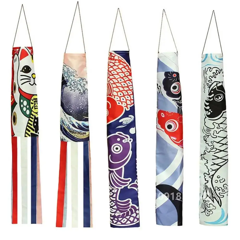 140cm Japanese Carp Windsock Streamer Fortune Cat Fish Waves Pattern Windsock Carp Flag Food Festival Restaurants Decoration