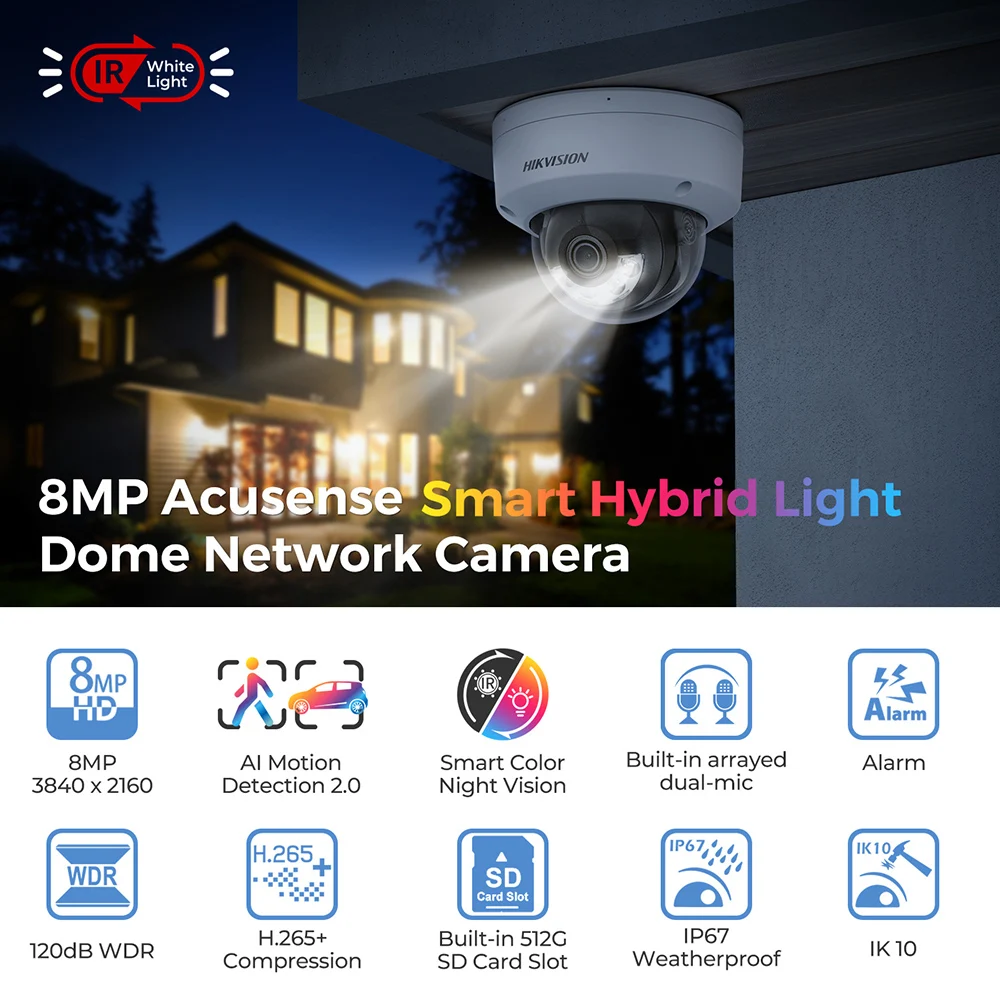 Hikvision 8ch 8MP Security Camera System Dome Color Night Vision 8poe 4K NVR Kit Smart hybrid Light DS-2CD2183G2-LI(S)(2U)