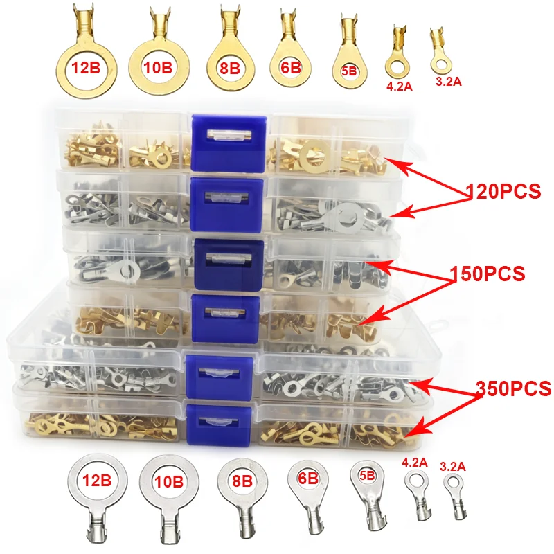 

120~350PCS DJ431 Series 3/4/5/6/8/10/12 Ring Lugs Eyes Copper Crimp Terminals Cable Lug Wire Non-insulated Assortment Kit