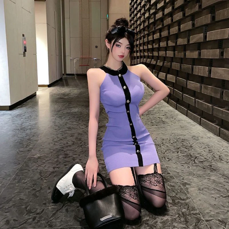 الربيع الصيف ملابس حريمي مزاجه فستان مثير السيدات موضة الرسن الحياكة زلة فستان المرأة أزرار الاتجاه Bodycon فستان