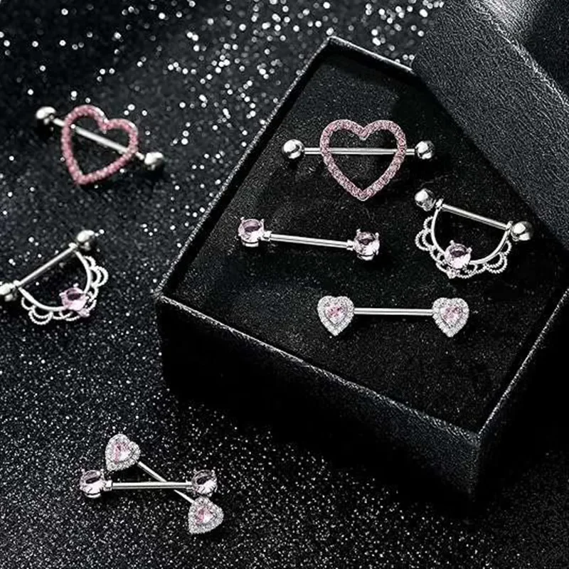 Pink Heart Nipple Piercing Barbell Set Shiny Crystal Nipple Rings Bulk For Women Flower Nippel Jewelry Pack Piercing Teton Lots