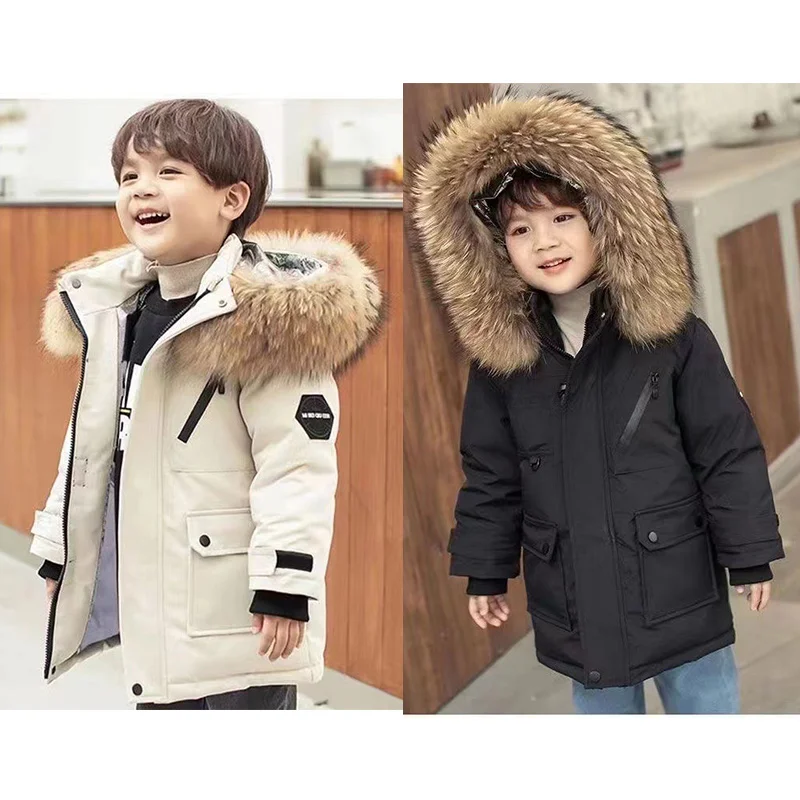 Boys Thickened Coat Thicken Winter Warm Jackets Children's Hooded Cotton Outerwear New Teenagers Large Fur Collar Clothing