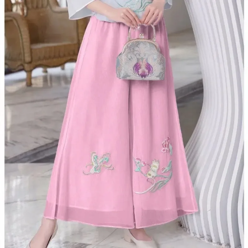 Women's Pink Traditional Embroidery Wide-Leg Pants With Chiffon Fabric For Elegant Casual And Cultural Style Wear