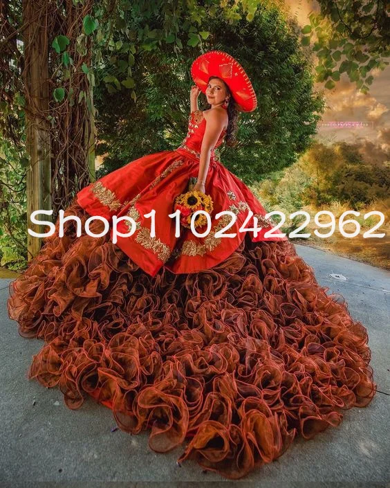 Orange Brown Puffy Princess Quinceanera Dresses Embroidery Lace Corset Prom Sweet 15 dress Quinceañera photography ideas