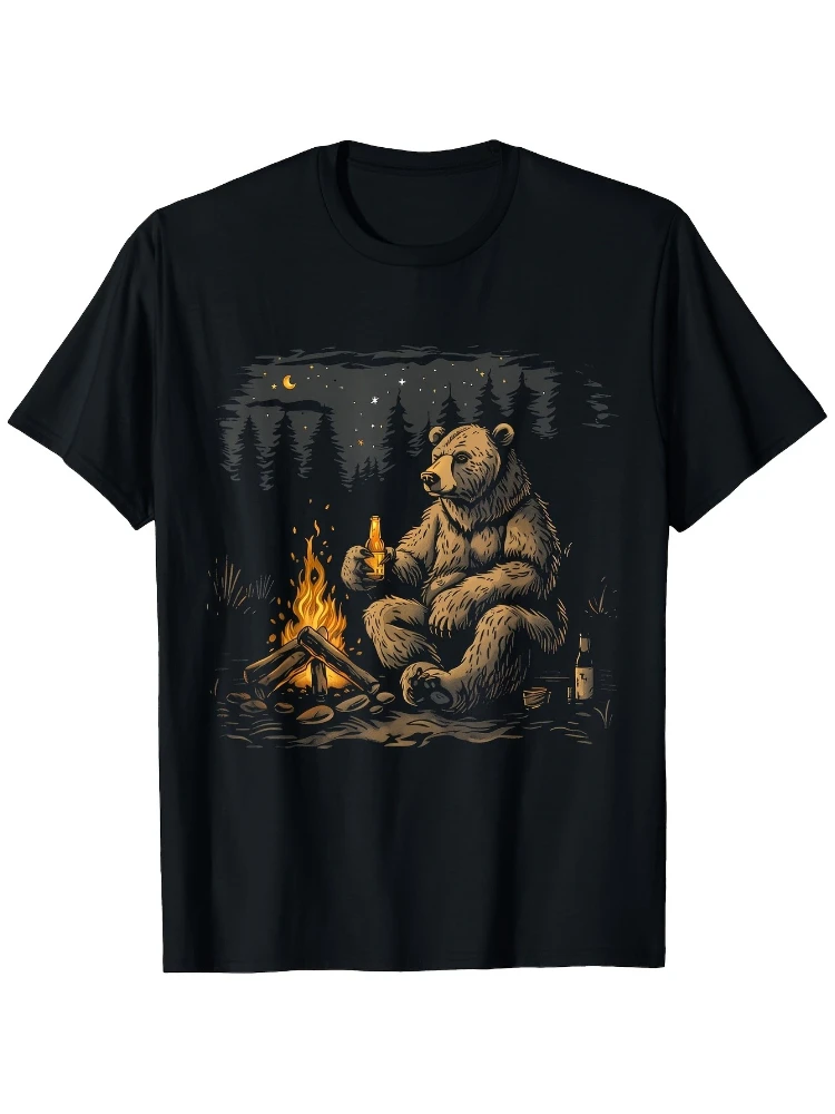 

with Bear Campfire Graphic-100% cotton O-neck summer short sleeve casual men's printed T-shirt.