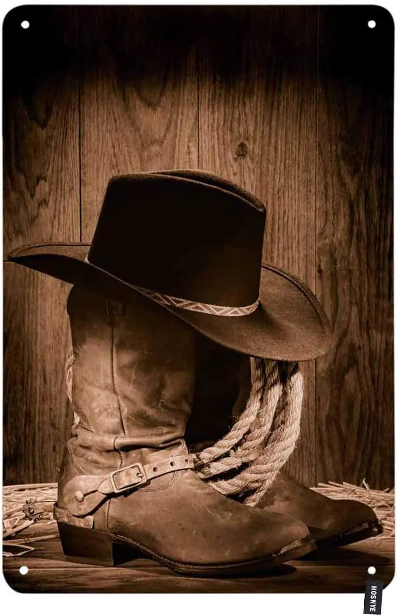 Rodeo Cowboy Tin Sign Black Felt Hat ATOP Old Ranching Rope in an Antique Wood Barn in Nostalgic Sepia American West Vintage Me