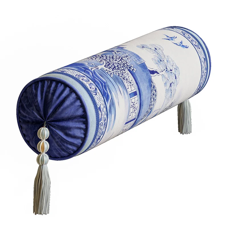 Chinese Style Cylinder Pillows Blue White Porcelain Velvet Decorative Bolster Pillows for Bed Couch Machine Washable Luxury Asia