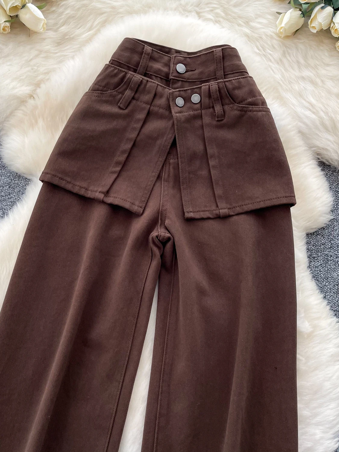 American Retro High Waist Wide Leg Denim Pants Women's Spring Loose Casual Long Trousers Coffee Color Fake Two-Piece Set