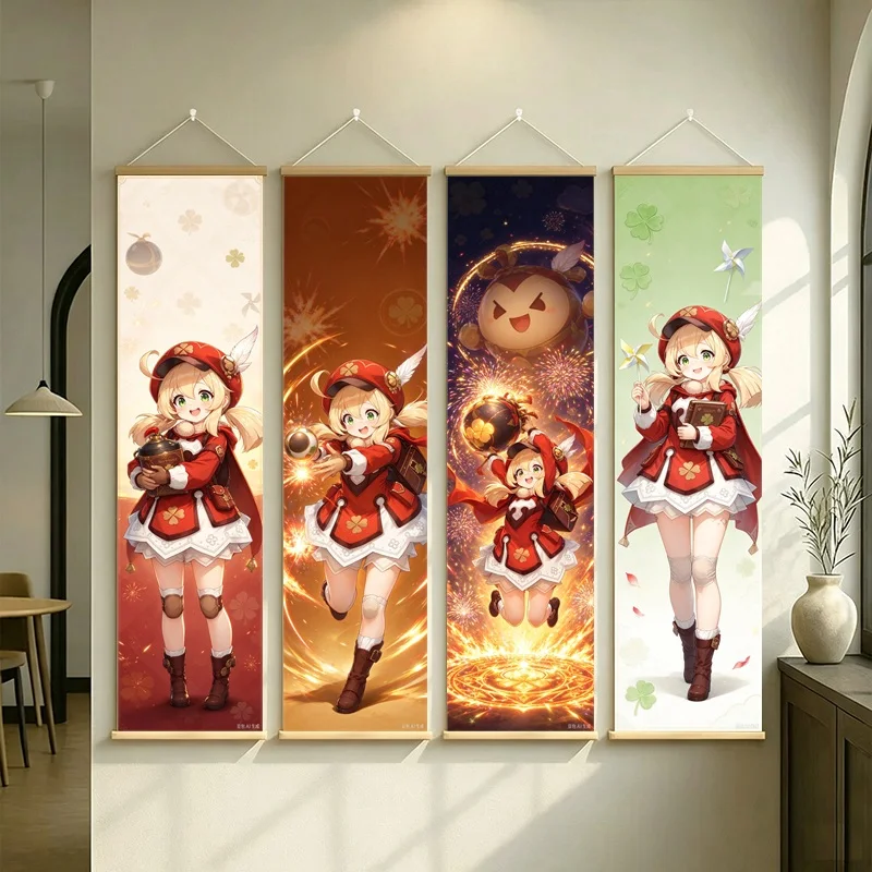 Hanging Scroll Wall Art of Genshin Impact Klee with Warm Flame Motifs on Silver Shimmer Canvas for an Anime Bedroom