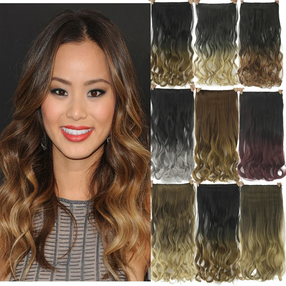 

Synthetic Curly Ombre Brown Clip in Hair Extensions Hairpiece Fake Hair on Hairpins for Women One Piece De Cabello