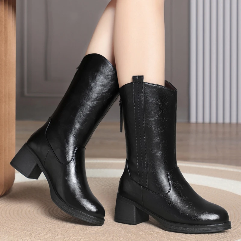 

Women's Snow Boots 2025 New Genuine Leather Women's Winter Boots Vintage Natural Wool Warm Mid Boots For Women