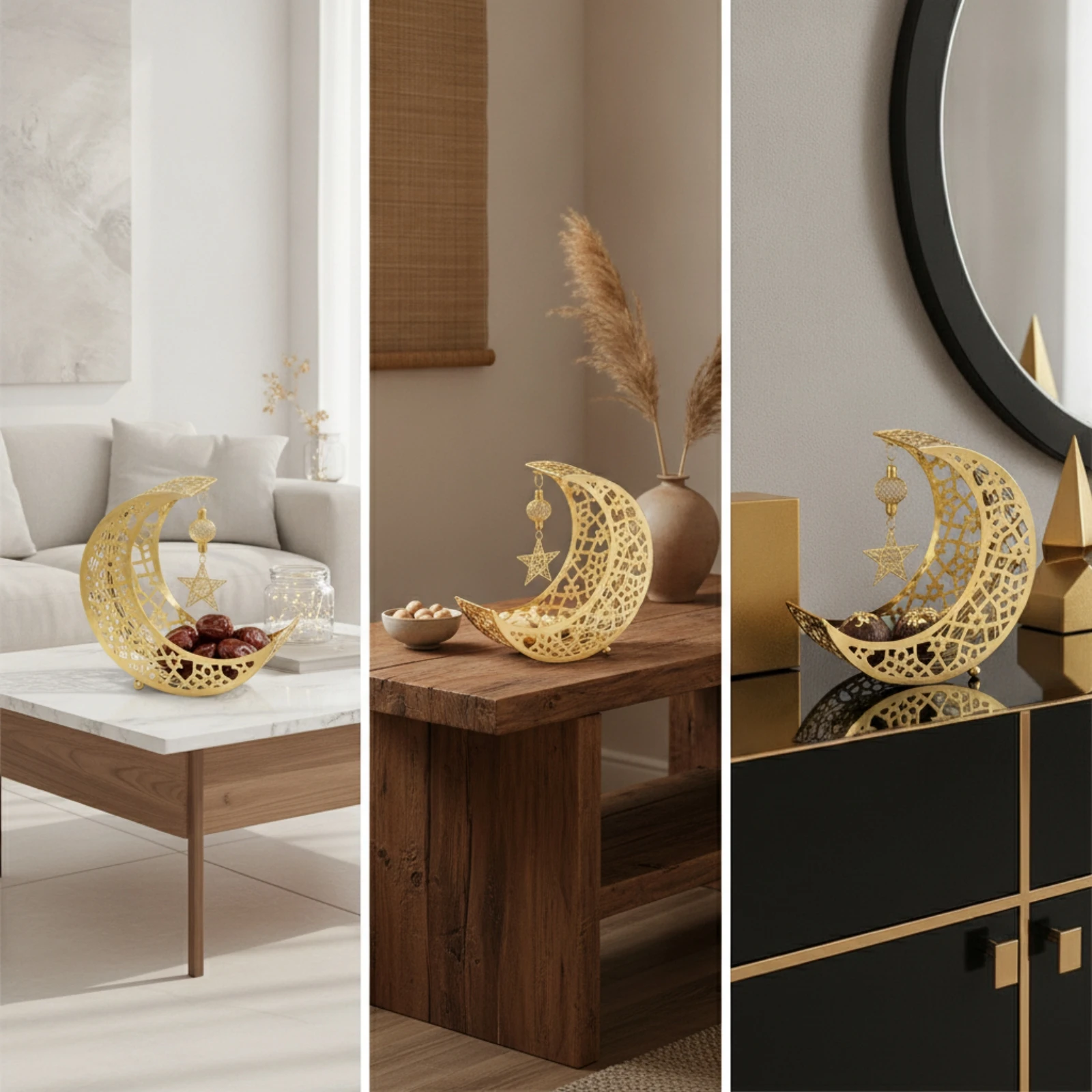 Moon Tray with Star Charm Geometric Display Holder Ornament Multipurpose for Ramadan, Eid