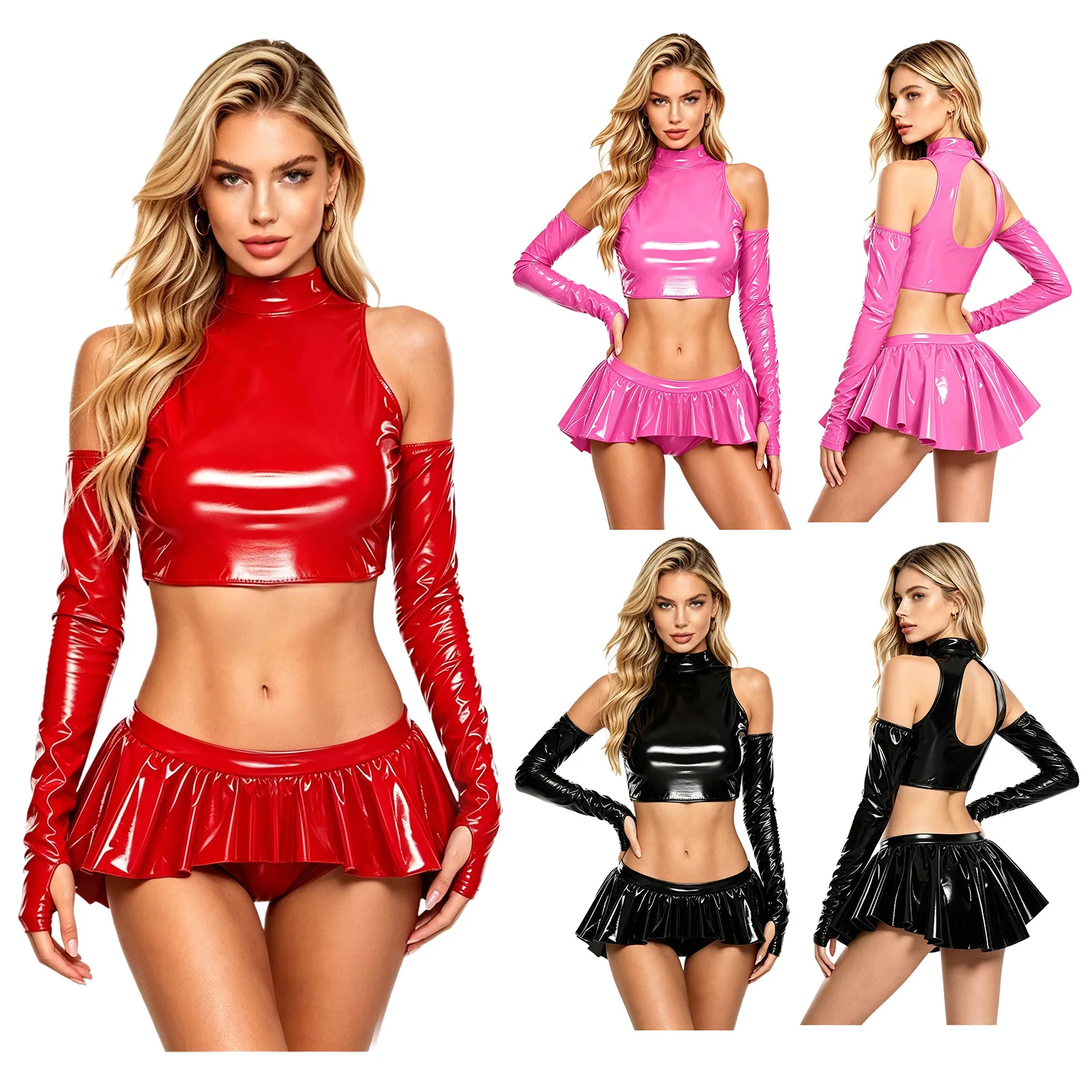 Womens Glossy PU Leather Clubwear Party Sets Cold Shoulder Long Sleeve Crop Top with Panties Skirt for Pride Parade Street Dance