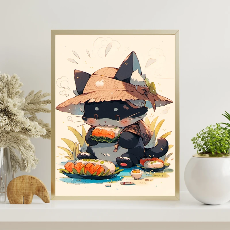 Kawaii Cuisine Black-white Cat Poster Japan Cute Salmon Sushi Prints Canvas Painting Wall Art Picture Restaurant Room Home Decor