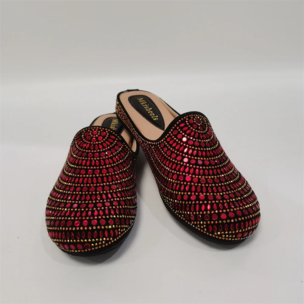 

Fashion Red Women's Rhinestone Half Slippers Flat Comfortable Lady Sequins Mullers Shoes Outdoors Casual Shoes F402-1