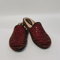 Fashion Red Women's Rhinestone Half Slippers Flat Comfortable Lady Sequins Mullers Shoes Outdoors Casual Shoes F402-1