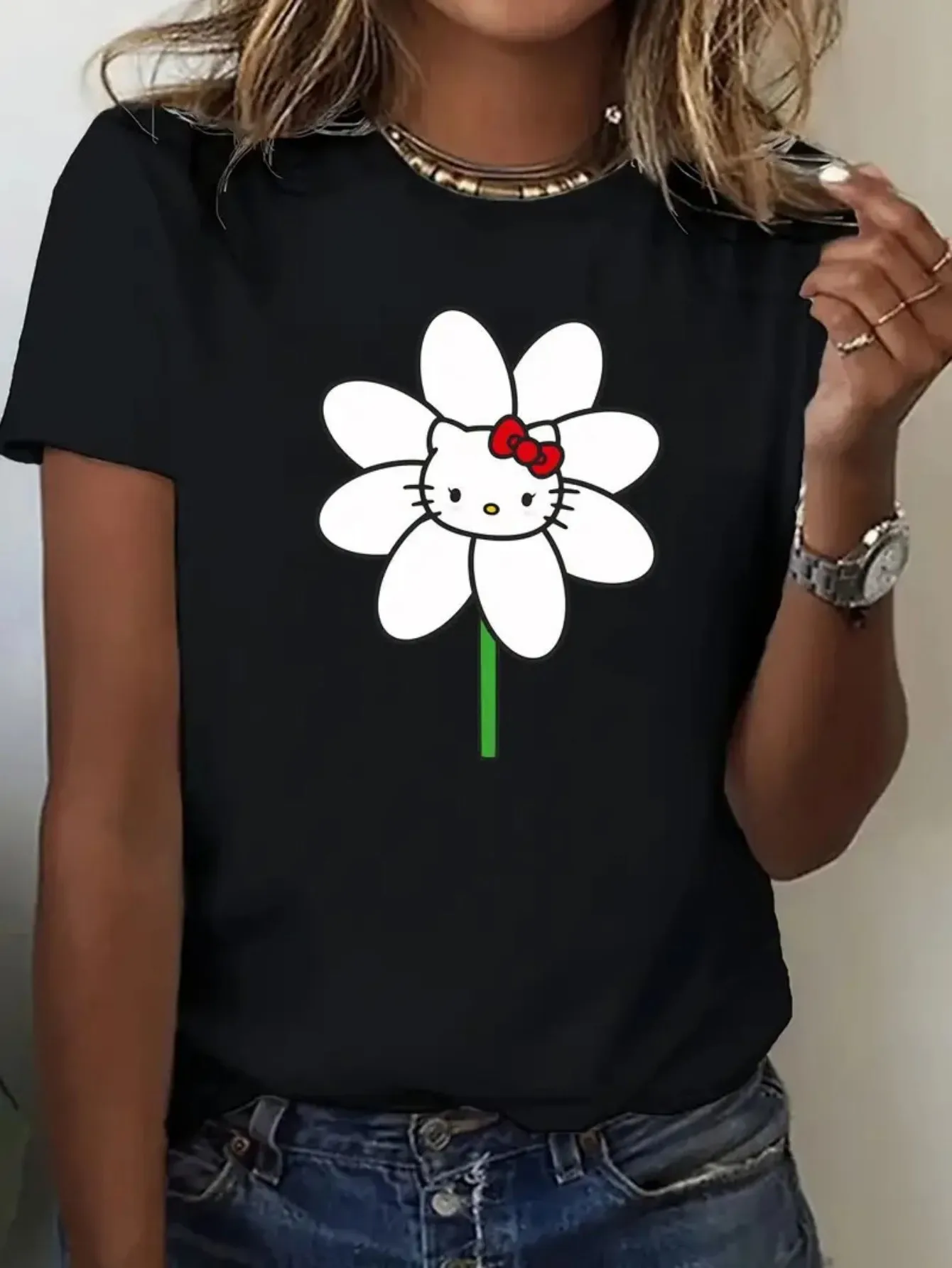 

Модная женская футболка с бантом Hello Kitty, повседневный топ с круглым вырезом, мужская и женская футболка с короткими рукавами, новинка весны и лета