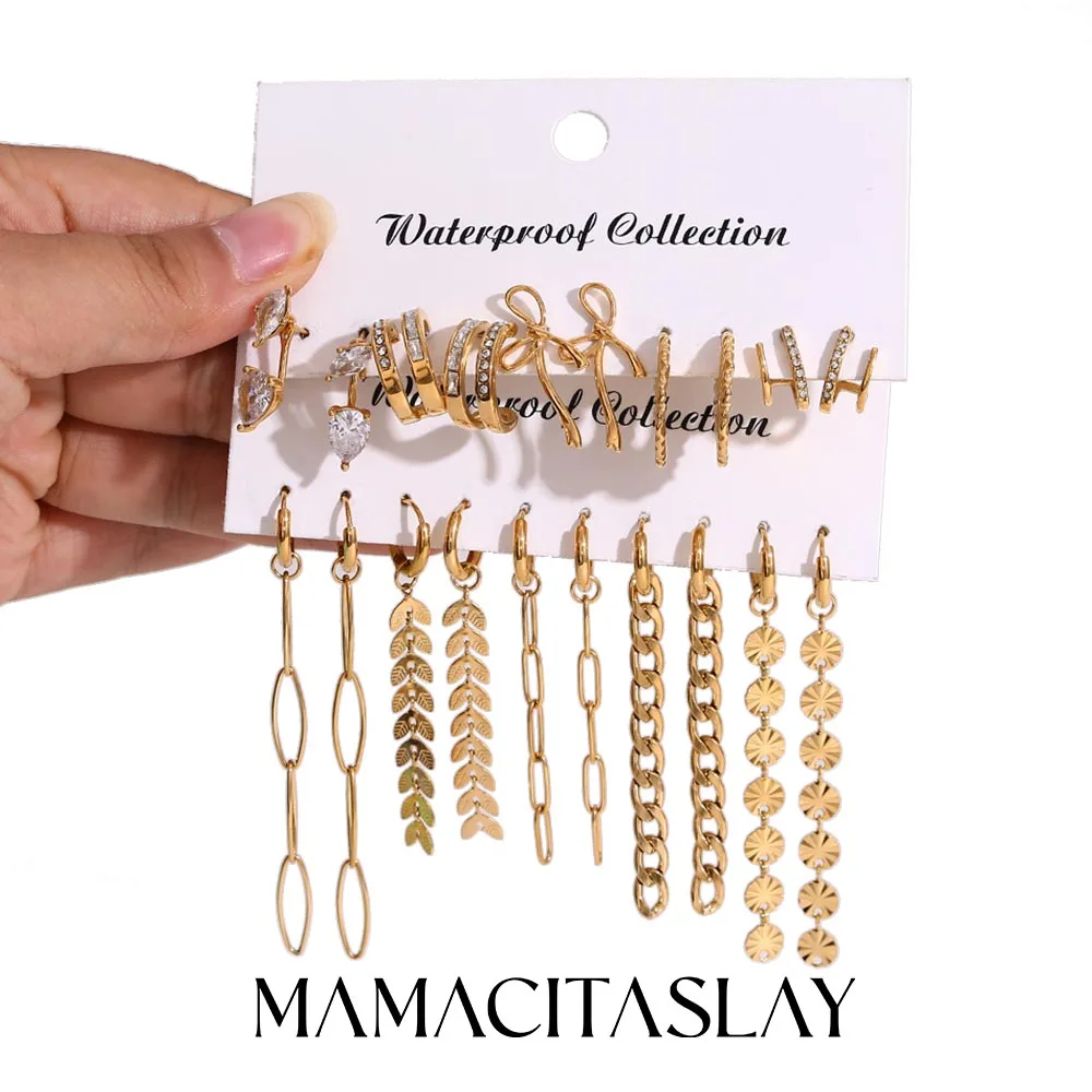 MamacitaSlay Stainless Steel Zircon Flower Geometric tassel Earrings 5PCS Designer Jewelry Set Women's Elegant Jewelry Gift