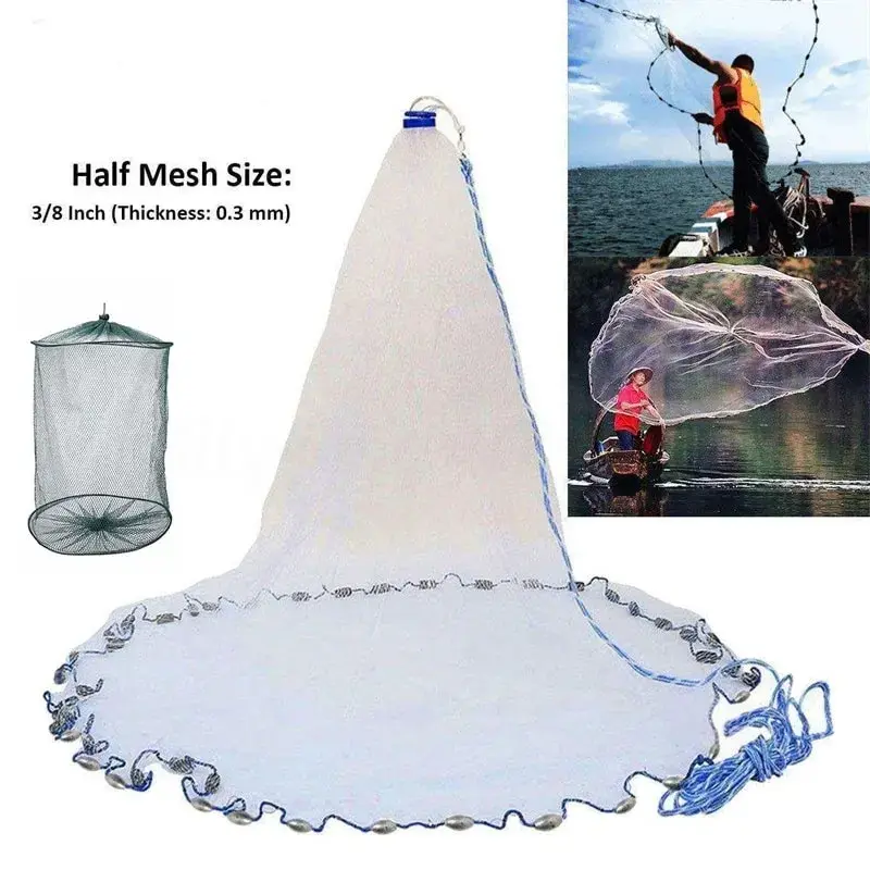 Fishing Cast Nets With Sinker 2.4m Radius Hand-Throwing Fishing Trap Nets Heavy American Small Mesh Fish Network With Shrimp Pot