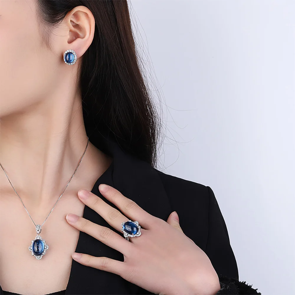 New Trend Vintage Royal Blue Sapphire Necklace Pendant Ring Earrings Wedding Party Fine Jewelry Sets for Women Gift Accessories
