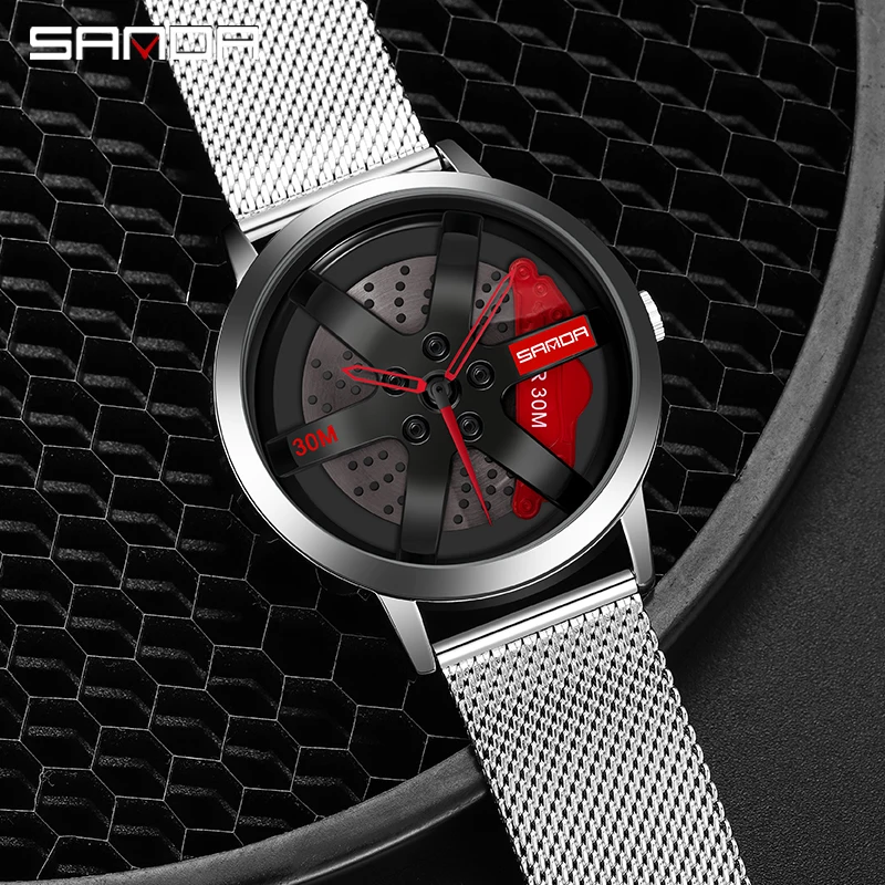 นาฬิกาควอตซ์ P1061ของ Sanda สำหรับสายชุบสุญญากาศกันน้ำดีไซน์กระทะล้อล้อรถยนต์นาฬิกาข้อมือสปอร์ต relogio masculino