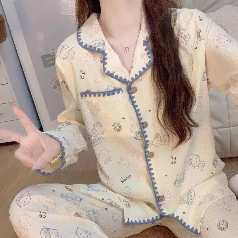 

Комплект пижам Sanrio Hello Kitty: хлопковая женская домашняя одежда с воротником, длинными рукавами, длинными брюками и кардиганом на пуговицах, весенне-осенний стиль