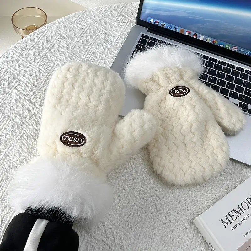 Women Gloves Winter Thick Furry Gloves Warm Outdoor Full Finger Mittens Sports Cycling Neck Hanging Bag Gloves